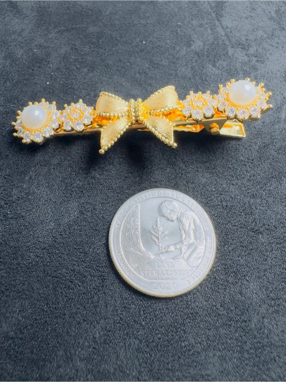 Gold Bow Pearl & Crystal Hair Clip - Women Accessories